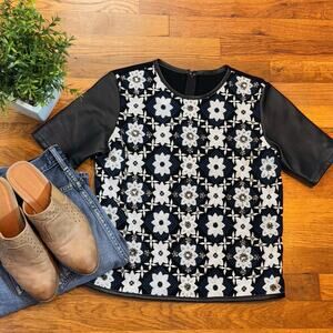 ASOS Womens 2 Pleather Faux Leather Embroidered Beaded Floral Short Sleeve Top